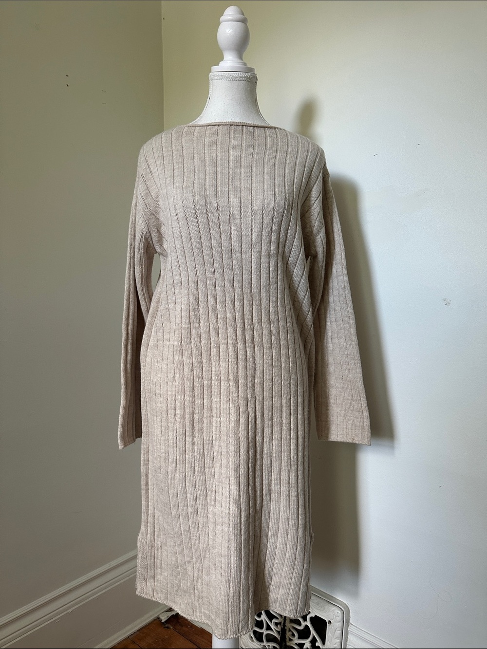 OAK + FORT Beige Wool Blend Minimalist Office Ribbed Boat Neck Sweater Dress OS